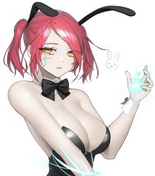 Rule 34 | 1girl, animal ears, bad id, bad pixiv id, bare shoulders, black bow, black bowtie, black leotard, bow, bowtie, breasts, cleavage, cyphers, detached collar, fake animal ears, hand up, highres, large breasts, leotard, looking at viewer, norunollu, parted lips, playboy bunny, rabbit ears, red hair, short hair, simple background, solo, strapless, strapless leotard, sydney (cyphers), twintails, upper body, white background, yellow eyes