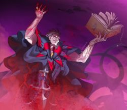 Rule 34 | 1boy, aora, arms up, artist name, black eyes, blood, blood on arm, blood on clothes, blood on hands, blood stain, book, collar, fate/zero, fate (series), from below, gilles de rais (caster) (fate), gradient background, gradient hair, grey hair, holding, holding book, jewelry, looking to the side, male focus, multicolored hair, multiple rings, open book, pool of blood, ring, sleeveless, smile, smirk, solo, teeth, upper body