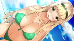 1girl bikini blonde_hair blush breasts cleavage green_eyes huge_breasts large_breasts leaning_forward long_hair looking_at_viewer navel open_mouth solo swimsuit yameta_takashi yuki_makoto