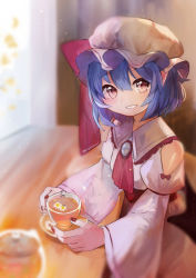 Rule 34 | 1girl, absurdres, adapted costume, blue hair, blurry, blush, commentary request, cup, daisy, depth of field, dress, flower, hair between eyes, hat, highres, indoors, light smile, looking at viewer, mob cap, nail polish, niseneko (mofumofu ga ienai), parted lips, pink dress, pink eyes, pink hat, pointy ears, red nails, remilia scarlet, saucer, short hair, soft focus, solo, table, tea, teacup, touhou, white flower, wide sleeves