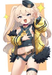 Rule 34 | 1girl, :d, absurdres, azur lane, bache (azur lane), bare shoulders, belt, blonde hair, breasts, chagama teishoku, chain, collar, commentary, fang, fishnet thighhighs, fishnets, full body, fur-trimmed jacket, fur trim, hand up, hat, heart, heart-shaped pupils, highres, jacket, legs apart, looking at viewer, micro shorts, midriff, navel, off shoulder, open clothes, open jacket, open mouth, orange background, puffy sleeves, purple eyes, sailor collar, short shorts, shorts, simple background, single thighhigh, small breasts, smile, solo, standing, symbol-shaped pupils, thighhighs, two-tone background, two side up, unzipped, white background, yellow jacket