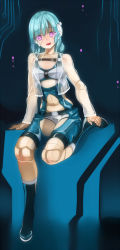 Rule 34 | 1girl, alpha (acerailgun), android, blue hair, boots, borrowed character, breasts, doll joints, full body, girutea, joints, long hair, looking at viewer, navel, original, pink eyes, ringed eyes, see-through, simple background, sitting, small breasts, solo