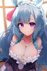 Rule 34 | 1girl, absurdres, animal ears, arms behind back, bare shoulders, blue hair, blush, bow, braid, breasts, collarbone, commentary request, crown braid, dress, ear ornament, ear ribbon, frilled dress, frills, highres, horse ears, horse girl, large breasts, long hair, long sleeves, looking at viewer, mejiro ardan (umamusume), open mouth, purple eyes, red ribbon, ribbon, short sleeves, shumai il, smile, solo, umamusume, upper body