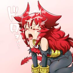 Rule 34 | 1girl, all fours, bare shoulders, black bodysuit, blush, bodysuit, bracelet, closed eyes, copyright request, cum, cum on hair, cum on horns, facial, fangs, furrowed brow, gradient background, highres, horns, itou yuuji, jewelry, long hair, open mouth, oral invitation, pink background, red hair, solo, steaming body, tail, tongue, tongue out