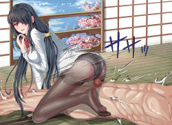 Rule 34 | 1boy, 1girl, abs, absurdres, action lines, aged up, ass, black hair, black pantyhose, blue sky, blush, breasts, censored, cherry blossoms, clothed female nude male, date a live, feet, grinding over clothes, highres, indoors, large breasts, long hair, looking back, nipples, mature female, mosaic censoring, muscular, muscular male, nude, one eye covered, panties, panties under pantyhose, pantyhose, red eyes, sky, soles, straddling, tokisaki kurumi, trembling, underwear, yinglun xiao diao si weibo