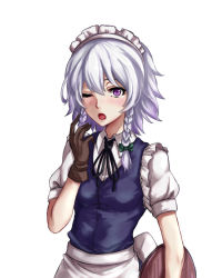 Rule 34 | 1girl, alternate eye color, apron, blue dress, braid, dress, gloves, hacchi (kyo-666), hair ribbon, hand to own mouth, holding, izayoi sakuya, looking at viewer, maid, maid apron, maid headdress, one eye closed, open mouth, puffy short sleeves, puffy sleeves, purple eyes, ribbon, short hair, short sleeves, silver hair, solo, touhou, tress ribbon, twin braids, yawning