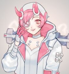 Rule 34 | 1girl, alternate color, animification, apex legends, bodysuit, collarbone, cookie galo, cyber punked wattson, electricity, grey background, head tilt, highres, hood, hooded jacket, horns, jacket, parted lips, pink eyes, pink hair, smile, solo, wattson (apex legends), white bodysuit, white headwear, white jacket