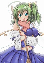 Rule 34 | 1girl, :d, alternate costume, bamboo broom, bare shoulders, blush, bow, breast hold, breasts, broom, chan (akuty ikkot), cosplay, covered erect nipples, cowboy shot, daiyousei, detached sleeves, fairy wings, green eyes, green hair, hair bow, hakurei reimu, hakurei reimu (cosplay), highres, japanese clothes, large breasts, long sleeves, looking at viewer, matching hair/eyes, miko, navel, open mouth, pink scarf, scarf, side ponytail, smile, solo, touhou, white background, wide sleeves, wings