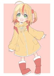 Rule 34 | 1girl, absurdres, aged down, bad id, bad twitter id, bag, blush, boots, character request, copyright request, donguri suzume, full body, green eyes, hair ornament, highres, indie virtual youtuber, looking at viewer, open mouth, orange hair, raincoat, rubber boots, short hair, side ponytail, simple background, solo, teeth, virtual youtuber