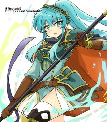 Rule 34 | 1girl, aqua eyes, aqua hair, armor, belt, breastplate, brown gloves, cape, cosplay, eirika (fire emblem), ephraim (fire emblem), ephraim (fire emblem) (cosplay), fire emblem, fire emblem: the sacred stones, fire emblem heroes, gloves, holding, holding lance, holding polearm, holding weapon, lance, long hair, looking at viewer, nintendo, official alternate costume, polearm, ponytail, shoulder armor, sidelocks, skirt, solo, thighhighs, twitter username, very long hair, weapon, white background, yukia (firstaid0)