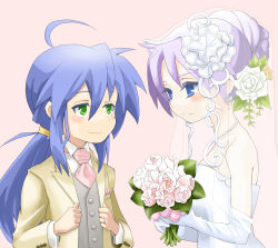 Rule 34 | 00s, 2girls, :3, ahoge, alternate hairstyle, bare shoulders, blue eyes, blue hair, blush, bouquet, bridal gauntlets, bride, couple, dorinko, dress, elbow gloves, eye contact, flower, gloves, green eyes, hair flower, hair ornament, hiiragi kagami, izumi konata, jewelry, looking at another, lucky star, mole, mole under eye, multiple girls, necklace, necktie, pearl necklace, ponytail, purple hair, ring, simple background, smile, tuxedo, veil, wedding, wedding dress, wife and wife, yuri