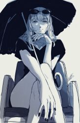 Rule 34 | 1girl, arm support, black dress, chair, dress, eyewear on head, feet out of frame, from below, highres, holding, holding umbrella, illustorte905, light smile, looking at viewer, medium hair, monochrome, nail polish, on chair, original, signature, sitting, solo, sunglasses, umbrella