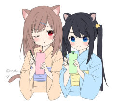 Rule 34 | 2girls, ;o, animal ear fluff, animal ears, anz32, black hair, blue eyes, blue kimono, blush, brown hair, brown kimono, cat ears, cat girl, cat tail, closed mouth, cropped torso, dog ears, hair ornament, hairclip, holding, holding pen, japanese clothes, kimono, long hair, long sleeves, multiple girls, nina (anz32), obi, one eye closed, original, parted lips, pen, red eyes, sash, simple background, smile, star (symbol), star hair ornament, tail, tanabata, twintails, twitter username, upper body, white background, wide sleeves, yukata