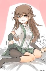 Rule 34 | 10eki (tenchou), 10s, 1girl, arashio (kancolle), arm warmers, bed, bike shorts, black socks, brown eyes, brown hair, clothes lift, heart, highres, kantai collection, kneehighs, lifting own clothes, long hair, looking at viewer, open mouth, pillow, pleated skirt, school uniform, shirt, short sleeves, sitting, skirt, skirt lift, smile, socks, solo, suspenders, twitter username, white shirt