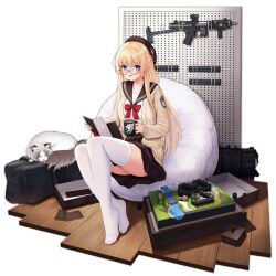 Rule 34 | 1girl, allenes, bean bag chair, black bag, blonde hair, blue eyes, blush, board game, bow, bowtie, brown headwear, brown sailor collar, brown skirt, card, cardigan, cat, coffee mug, cup, feet, full body, girls&#039; frontline, griffin &amp; kryuger, gun, gun rack, holding, holding cup, long hair, long sleeves, looking at viewer, loose bowtie, magazine (weapon), mug, no shoes, official alternate costume, official art, open box, open mouth, pamphlet, pleated skirt, red-framed eyewear, red bow, red bowtie, sailor collar, semi-rimless eyewear, shirt, simple background, sitting, skindentation, skirt, solo, star model z62, submachine gun, thighhighs, third-party source, toes, transparent background, under-rim eyewear, very long hair, weapon, white cardigan, white cat, white shirt, white thighhighs, z-62 (casual afternoon game) (girls&#039; frontline), z-62 (girls&#039; frontline)
