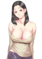 Rule 34 | 1girl, bare shoulders, black eyes, black hair, breasts, cleavage, closed mouth, covered erect nipples, cowboy shot, grey sweater, head tilt, large breasts, long hair, looking at viewer, no bra, off-shoulder sweater, off shoulder, original, shu-mai, simple background, smile, solo, sweater, white background