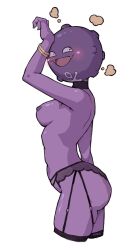 Rule 34 | 1girl, :d, arm up, ass, babusgames, black choker, blush, breasts, choker, colored skin, creatures (company), cropped legs, game freak, garter belt, gen 1 pokemon, highres, humanization, koffing, large breasts, looking at viewer, looking to the side, nintendo, nipples, open mouth, pink skin, pokemon, shiny skin, simple background, smile, solo, teeth, thighhighs, tongue, white background