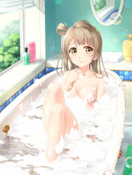 Rule 34 | 10s, 1girl, bath, bathing, bathroom, bathtub, blush, bottle, breasts, claw foot bathtub, cleavage, collarbone, completely nude, highres, light brown hair, long hair, looking at viewer, love live!, love live! school idol project, minami kotori, mirror, nude, one side up, shampoo bottle, soap bottle, soap bubbles, solo, tucana, water, window