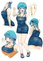 Rule 34 | +++, :d, adapted costume, ass, black eyes, blouse, blue footwear, blue hair, blue headwear, blue overalls, blunt bangs, breast rest, breasts, breasts on table, cleavage, closed mouth, commentary request, hat, highres, kawashiro nitori, knees together feet apart, large breasts, laughing, long hair, long sleeves, looking at viewer, megame (okbnkn), open mouth, overall shorts, overalls, pigeon-toed, shirt, shoes, simple background, smile, touhou, translation request, waving, white background, yellow shirt