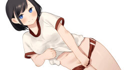 1girl black_hair blush closed_mouth clothes_lift covered_erect_nipples covering_crotch covering_privates cowboy_shot dutch_angle female_focus gym_shirt gym_shorts gym_uniform kai-o lifting_own_clothes looking_at_viewer navel original red_shorts shirt shirt_lift short_hair shorts sidelocks simple_background smile solo thighs white_background