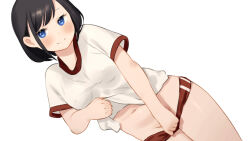 Rule 34 | 1girl, black hair, blush, closed mouth, clothes lift, covered erect nipples, covering crotch, covering privates, cowboy shot, dutch angle, female focus, gym shirt, gym shorts, gym uniform, kai-o, lifting own clothes, looking at viewer, navel, original, red shorts, shirt, shirt lift, short hair, shorts, sidelocks, simple background, smile, solo, thighs, white background