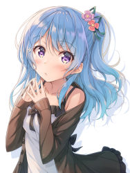 Rule 34 | 1girl, bang dream!, bare shoulders, black jacket, blue hair, blush, breasts, collarbone, commentary request, dress, drop shadow, flower, frilled dress, frilled jacket, frills, green ribbon, hair between eyes, hair flower, hair ornament, hair ribbon, jacket, long hair, long sleeves, looking at viewer, matsubara kanon, open clothes, open jacket, ponytail, purple eyes, purple flower, red flower, ribbon, sleeves past wrists, small breasts, solo, steepled fingers, tomo wakui, white background, white dress, white flower
