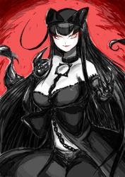 Rule 34 | 10s, 1girl, abyssal ship, bare shoulders, between breasts, black hair, bow, breasts, chain, claws, commentary request, female focus, gauntlets, gradient background, hair bow, kantai collection, large breasts, long hair, looking at viewer, monochrome, pale skin, seaplane tender princess, smile, solo, taishoo, very long hair