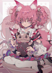 Rule 34 | 1girl, absurdres, animal ear fluff, animal ears, arknights, black footwear, blood, blood on clothes, bloody knife, bloody weapon, blouse, candle, closed mouth, commentary, dated, fox ears, fox tail, full body, hair ribbon, heart, heart-shaped pupils, highres, holding, holding knife, holding weapon, infection monitor (arknights), knife, long sleeves, looking at viewer, nail polish, pantyhose, pink eyes, pink hair, pink nails, pink ribbon, ribbon, shamare (arknights), shirt, solo, stuffed toy, symbol-only commentary, symbol-shaped pupils, tail, taowu (20809), twintails, weapon, white pantyhose, white shirt