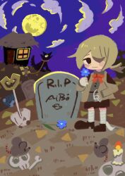 Rule 34 | 1girl, aibotosh, bandaged leg, bandages, black eyes, black footwear, black shorts, blue flower, blush stickers, bone, brown hair, cabin, candle, chibi, cloud, commentary request, dog, flat color, flower, full body, full moon, graveyard, hair over one eye, hand in pocket, highres, hill, horror (theme), house, keyring, looking to the side, moon, mouse, night, night sky, no lineart, original, outdoors, ponytail, purple sky, red ribbon, ribbon, shorts, shovel, skull, sky, solo, standing, tombstone, zombie