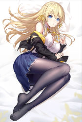 Rule 34 | 1girl, artist name, bare shoulders, bed sheet, black jacket, black pantyhose, blonde hair, blue eyes, blue skirt, braid, breasts, cleavage, commentary request, full body, hair between eyes, hair ribbon, highres, jacket, large breasts, legs, long hair, long sleeves, looking at viewer, lying, no shoes, off shoulder, on side, open clothes, open jacket, original, pantyhose, parted lips, pillow, pleated skirt, ribbon, ririko (zhuoyandesailaer), saegusa futaba, shirt, skirt, sleeveless, sleeveless shirt, sleeves past wrists, solo, very long hair, watermark, white shirt, yellow ribbon