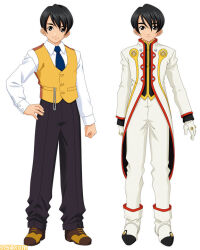 Rule 34 | 2boys, black eyebrows, black hair, black pants, blue necktie, brown eyes, brown footwear, buttoned cuffs, buttons, chain, clenched hand, closed mouth, coattails, collar, collared shirt, cross-laced footwear, double-breasted, double vertical stripe, dual persona, famitsu, formal, frown, gloves, hand on own hip, long sleeves, looking at viewer, looking to the side, military uniform, multiple boys, necktie, official art, pants, sakura taisen, sakura taisen v, second-party source, sega, shirt, short hair, simple background, sliver buttons, smile, standing, striped clothes, striped pants, striped uniform, taiga shinjirou, two-tone footwear, two-tone vest, uniform, vertical-striped clothes, vertical-striped pants, vertical-striped uniform, vest, white background, white collar, white footwear, white gloves, white pants, white sleeves, white uniform, white wrist cuffs, wrist cuffs, yellow stripes, yellow vest