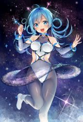 Rule 34 | 1girl, :d, ahoge, black pantyhose, blue eyes, blue hair, blue nails, blush, boots, breasts, collarbone, commentary, detached sleeves, drawing, dress, gluteal fold, hair between eyes, hair rings, halter dress, halterneck, highleg, highres, holding, jewelry, large breasts, leotard, long hair, looking at viewer, matching hair/eyes, nail polish, open mouth, original, pantyhose, pixiv-tan, puffy sleeves, ring, see-through, sky, smile, solo, space pixiv-tan, sparkle, standing, standing on one leg, star (sky), starry sky, starry sky print, teeth, thighs, tokki, twintails, white footwear, white leotard
