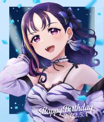 Rule 34 | 1girl, absurdres, birthday, blonde hair, blush, breasts, choker, cleavage, collarbone, commentary, confetti, dated, dazzling white town, earrings, gloves, hair ribbon, hand on own hip, happy birthday, highres, jacket, jewelry, kazuno sarah, kyaku tasu, long hair, looking at viewer, love live!, love live! sunshine!!, medium breasts, multicolored hair, pink hair, purple eyes, purple hair, ribbon, signature, single earring, solo, streaked hair, upper body