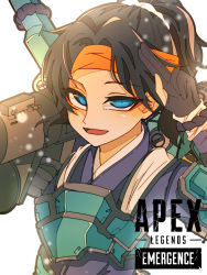 Rule 34 | animification, apex legends, armor, bad id, bad pixiv id, black gloves, black hair, blue eyes, cloud marauder valkyrie, eyeshadow, gloves, gun, headband, highres, holding, holding gun, holding weapon, japanese clothes, kinoko usa, looking at viewer, makeup, official alternate costume, open mouth, orange headband, parted bangs, partially fingerless gloves, ponytail, portrait, red eyeshadow, rocket launcher, salute, smile, two-finger salute, valkyrie (apex legends), weapon