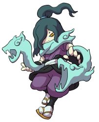 Rule 34 | 10s, 1boy, artist request, black gloves, fingerless gloves, full body, gloves, green hair, hair over one eye, highres, japanese clothes, male focus, monster boy, official art, orochi (youkai watch), sandals, simple background, sleeveless, solo, traditional youkai, white background, yellow eyes, youkai watch