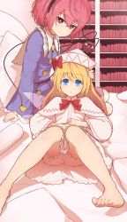 Rule 34 | 2girls, :o, absurdres, arm support, blonde hair, bloomers, blouse, blue eyes, body pillow, bookshelf, bow, bowtie, capelet, dress, eyeball, fairy wings, foot out of frame, frilled shirt collar, frilled sleeves, frills, hairband, hat, hat bow, highres, knees together feet apart, komeiji satori, lily white, long hair, long sleeves, looking at viewer, multiple girls, on bed, on lap, pillow, pink hair, red bow, red eyes, red neckwear, ribbon-trimmed collar, ribbon trim, senzaicha kasukadoki, shirt, short hair, sitting, sleeves past wrists, smile, third eye, touhou, transparent wings, underwear, wide sleeves, wings, yokozuwari