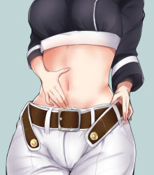 Rule 34 | 1girl, belt, belt buckle, blue background, blue shirt, bodysuit, bodysuit under clothes, breasts, brown belt, buckle, commentary request, cowboy shot, crop top, fate/grand order, fate (series), female focus, fujimaru ritsuka (female), fujimaru ritsuka (female) (true ether chaldea uniform), hand on own hip, hand on own stomach, kuzya, large breasts, long sleeves, midriff, navel, navel focus, official alternate costume, shirt, shorts, simple background, solo, standing, true ether chaldea uniform, white shorts