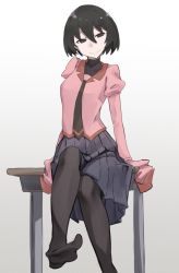 Rule 34 | 1girl, arm support, black eyes, black hair, black necktie, black pantyhose, bob cut, breasts, bunoshii, closed mouth, collarbone, commentary, desk, empty eyes, gradient background, grey skirt, hair between eyes, head tilt, highres, long sleeves, looking at viewer, monogatari (series), narrowed eyes, necktie, no shoes, on desk, oshino ougi, pale skin, pantyhose, pink shirt, pleated skirt, puffy sleeves, school desk, shirt, short hair, sitting, skirt, sleeves past fingers, sleeves past wrists, small breasts, smile, solo, turtleneck, white background