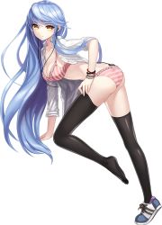 Rule 34 | 1girl, arm support, ass, bent over, black thighhighs, blue hair, bra, bracelet, breasts, cleavage, digital media player, earphones, full body, jewelry, leg up, long hair, long legs, looking at viewer, no pants, open clothes, open shirt, panties, pink panties, shirt, shoes, sidelocks, single shoe, smile, sneakers, solo, striped bra, striped clothes, striped panties, swept bangs, thighhighs, transparent background, underwear, unleashed, vertical-striped bra, vertical-striped clothes, very long hair, wristband, yellow eyes