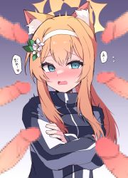 Rule 34 | 1girl, 6+boys, absurdres, animal ear fluff, animal ears, blue archive, blue eyes, censored, crossed arms, erection, flower, gradient background, hair flower, hair ornament, hairband, halo, hetero, highres, himiya jouzu, jacket, long hair, long sleeves, looking at viewer, mari (blue archive), mari (track) (blue archive), mosaic censoring, multiple boys, open mouth, orange hair, penis, ponytail, solo focus, speech bubble, surrounded by penises, upper body, white hairband