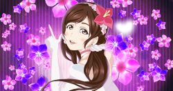 Rule 34 | 10s, 1girl, blush, bokutachi wa hitotsu no hikari, brown eyes, brown hair, earrings, elbow gloves, finger gun, floral background, flower, gloves, hair flower, hair ornament, hairband, jewelry, kusuda aina, long hair, looking at viewer, love live!, love live! school idol project, morning glory, open mouth, otsuki (aquatictai cqb), purple background, scrunchie, voice actor, solo, striped, striped background, tojo nozomi, twintails, upper body, vertical stripes
