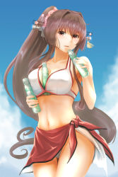 Rule 34 | 10s, 1girl, between breasts, bikini, blue sky, bottle, breasts, brown eyes, brown hair, cherry blossoms, cleavage, cloud, collarbone, cowboy shot, day, female focus, groin, hair between eyes, hair ornament, headgear, highres, holding, holding bottle, kantai collection, kokuzou, large breasts, long hair, looking at viewer, matching hair/eyes, miniskirt, navel, open mouth, outdoors, ponytail, ramune, sarong, sidelocks, skirt, sky, solo, standing, stomach, swimsuit, very long hair, white bikini, yamato (kancolle)