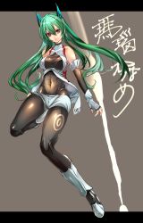 Rule 34 | 1girl, absurdres, bare shoulders, bodysuit, borrowed character, character name, covered navel, detached sleeves, fingerless gloves, full body, gloves, green hair, headgear, highres, light smile, long hair, looking at viewer, menou kaname (taishi), original, purple eyes, rathke, shorts, simple background, solo, white gloves