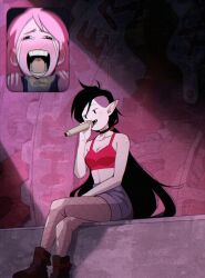 Rule 34 | 2girls, adventure time, bite mark, black hair, blush, colored skin, crossed legs, crying, fan screaming at madison beer (meme), feet out of frame, fishnet pantyhose, fishnets, grey skin, highres, holding, holding microphone, inset, long hair, marceline abadeer, meme, microphone, multiple girls, omy-chan, open mouth, pantyhose, pink hair, pink skin, pointy ears, princess bonnibel bubblegum, screaming, shorts, sitting, streaming tears, tears, torn clothes, torn pantyhose, vampire, very long hair