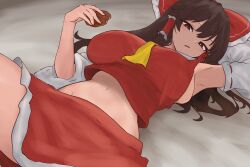 Rule 34 | 1girl, armpits, ascot, black eyes, black hair, bow, breasts, commentary request, detached sleeves, food, hair bow, hair tubes, hakurei reimu, highres, holding, holding food, large breasts, long hair, looking at viewer, moriforest1040, navel, on bed, red bow, red shirt, red skirt, ribbon-trimmed sleeves, ribbon trim, shirt, sideboob, sidelocks, skirt, solo, touhou, yellow ascot