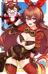 Rule 34 | 1girl, absurdres, amber (genshin impact), baron bunny (genshin impact), belt, blue sky, blush, breasts, brown eyes, brown gloves, brown hair, brown shorts, cleavage, crossed bangs, genshin impact, gloves, goggles, hair ribbon, highres, large breasts, long hair, looking at viewer, nez-box, open mouth, pouch, red ribbon, ribbon, short shorts, shorts, shrug (clothing), sky, smile, thighs