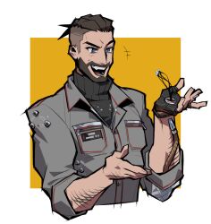 Rule 34 | 1boy, arm hair, atomic heart, beard, cropped torso, facial hair, fukurau, full beard, grey jumpsuit, hands up, jumpsuit, laughing, male focus, mature male, mustache, p-3 (atomic heart), pectorals, short hair, solo, sweater, thick eyebrows, toned, toned male, turtleneck, turtleneck sweater, two-tone background, undercut, wire