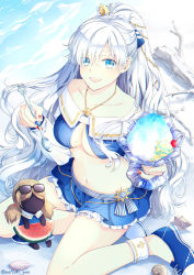 Rule 34 | 1girl, :d, anastasia (fate), anastasia (swimsuit archer) (fate), anastasia (swimsuit archer) (third ascension) (fate), beach, bikini, bikini skirt, blue eyes, collarbone, doll, fate/grand order, fate (series), food, fruit, highres, holding, jewelry, looking at viewer, nail polish, navel, open mouth, pendant, ponytail, seashell, shaved ice, shell, silver hair, sitting, smile, spoon, sunglasses, swimsuit, teeth, upper teeth only, viy (fate), wariza, watermelon, watermelon slice, yue natsuki