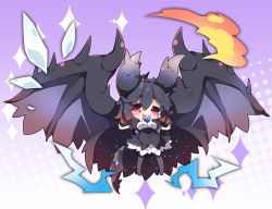 Rule 34 | 1girl, :&lt;, alatreon, black hair, black pantyhose, black skirt, blush, breasts, chibi, commentary request, dragon girl, dragon horns, dragon tail, dragon wings, electricity, fire, gradient background, gradient hair, hair between eyes, halftone, halftone background, highres, horns, ice, looking at viewer, medium breasts, milkpanda, monster hunter (series), multicolored hair, no shoes, pantyhose, parted lips, personification, puffy short sleeves, puffy sleeves, purple background, red eyes, red hair, shirt, short sleeves, skirt, solo, tail, triangle mouth, white background, white shirt, wings