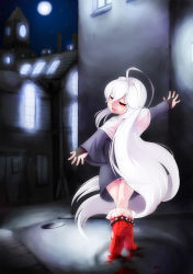 Rule 34 | 1girl, ahoge, ballerina, blood, bridal gauntlets, dress, empty eyes, highres, long hair, open mouth, original, red eyes, sleeves past wrists, smile, solo, the red shoes, tiptoes, very long hair, victor (tama e akira), white hair